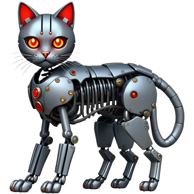 Create a stylized emoji (pixel style, flat design) of a cat with elements of the cyborg Terminator. The cat should be recognizable as an emoji (simplified shapes, large details), but with a metal skeleton, a glowing red eye (like the T-800) and mechanical details on the face and paws. The second eye could be a regular cat eye. Add some smoke or damage to emphasize the combat style. The background is transparent or neutral. The style is a mix of cute and technological, emphasizing the contrast between the soft cat form and the hard metal.
 emoji