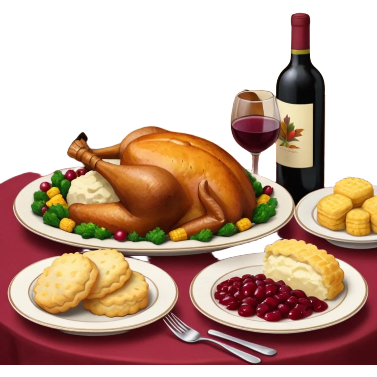 Thanksgiving Dinner with friends of all different races; have the food be a cooked turkey, mashed potatoes, corn, a basket of biscuits, a small bowl of cranberry sauce, baked yams, steamed vegetables, and a bottle of wine. emoji