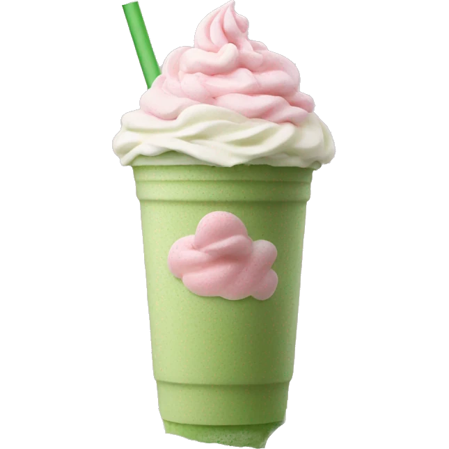 Green tea frappe topped with pink whipped cream emoji