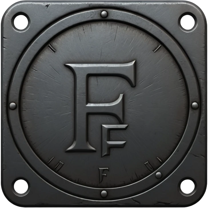 Minimal emoji, gothic metal coin made of black steel, engraved number f at the center, ancient industrial aesthetic, worn metal texture, no glow, no neon, flat emoji design, centered, transparent background emoji
