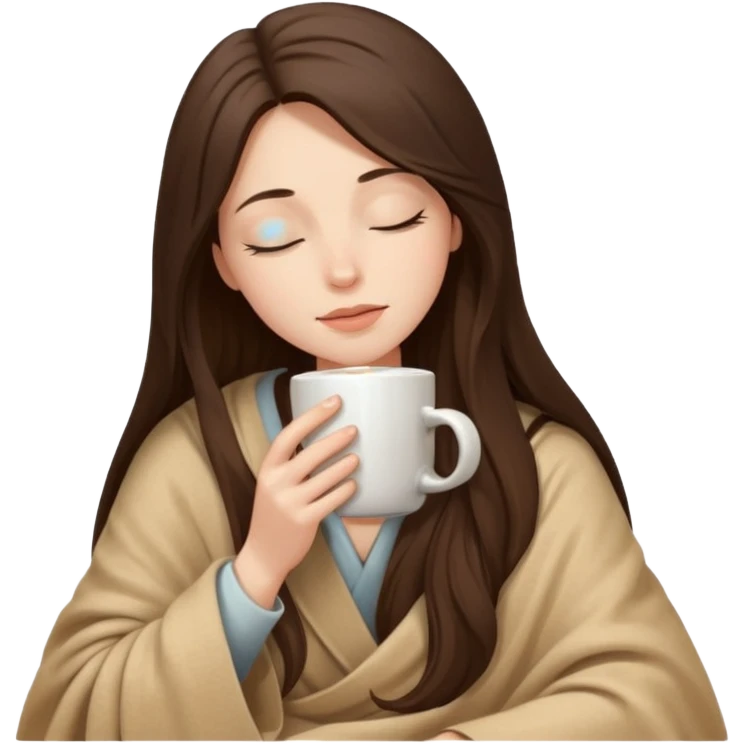 Brunette girl long hair inside a beige blanket sipping coffee eyes closed emoji