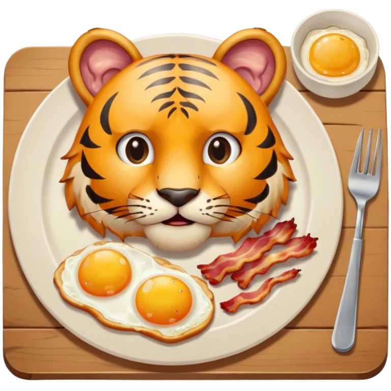 Tiger with plate of 2 eggs and bacon in front of him at a table  emoji