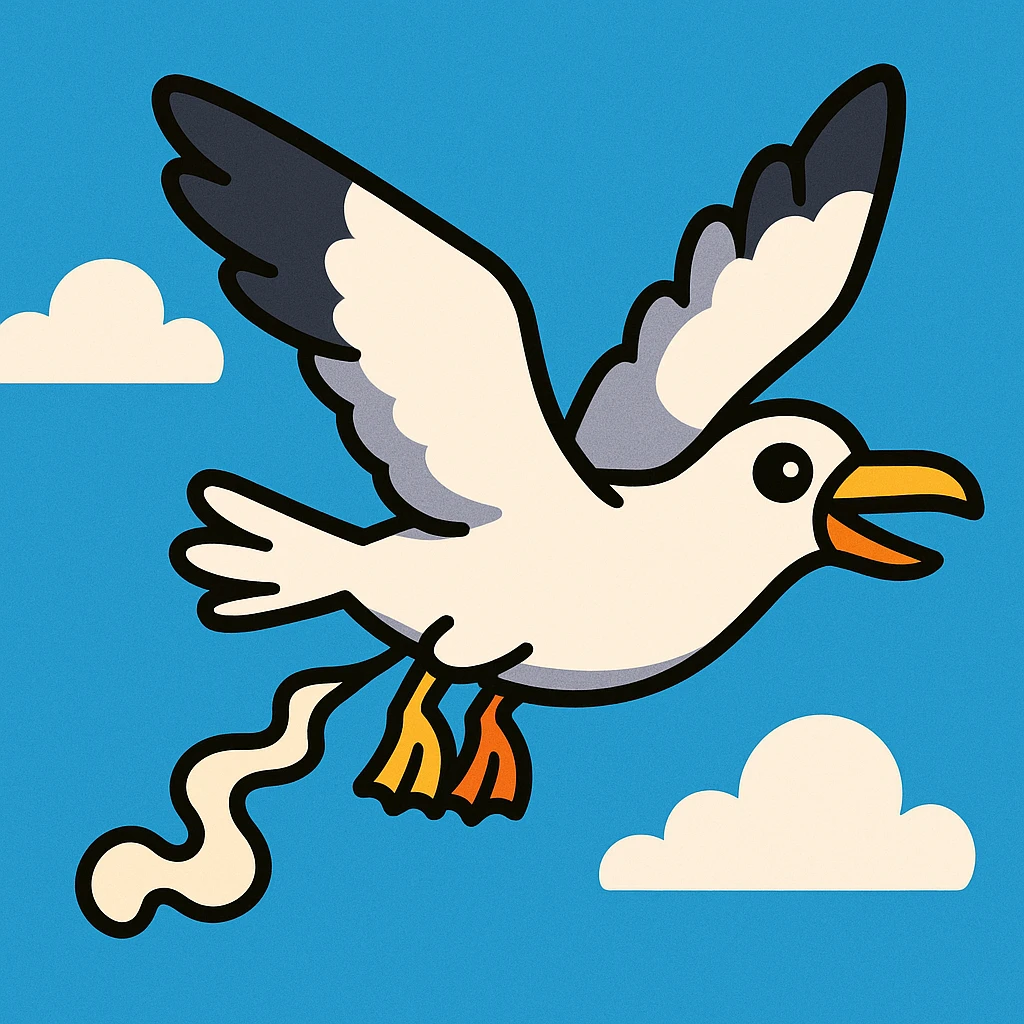 a seagull flying while pooping, bold outlines, bright cartoon colors, humorous emoji