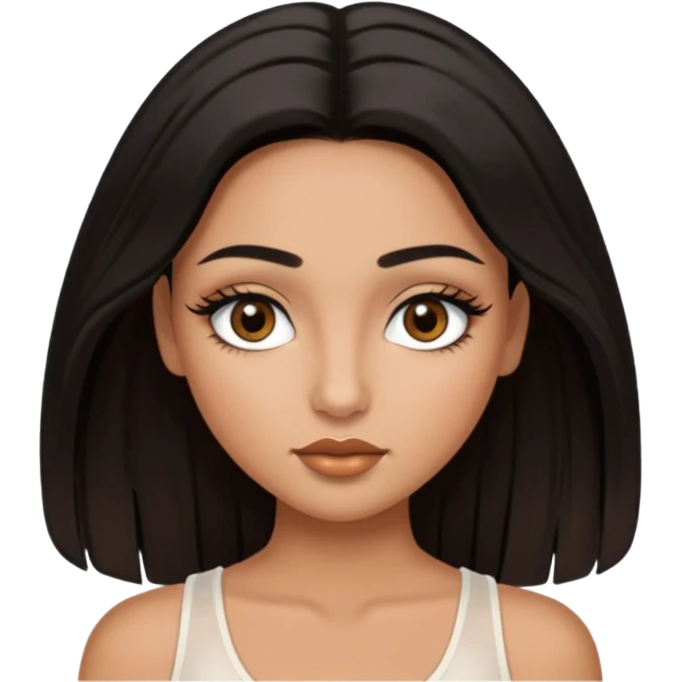A girl, who has long black styled silk hair, tan skin. almond brown eyes that has black long lashes, small nose and full lips. and a bit of makeup like bronzer. and wearing a white tight top. long black lashes and medium arched brows. looks like a baddie. emoji