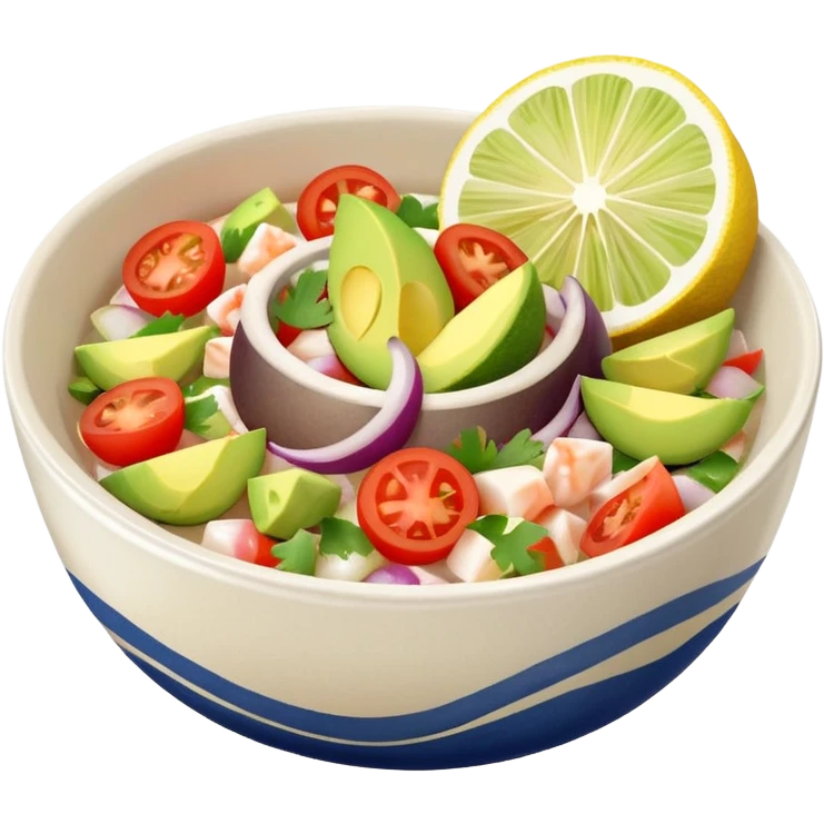 Mexican fish ceviche with lemon and sliced tomato, avocado and onion in a small bowl, fresh and colorful emoji