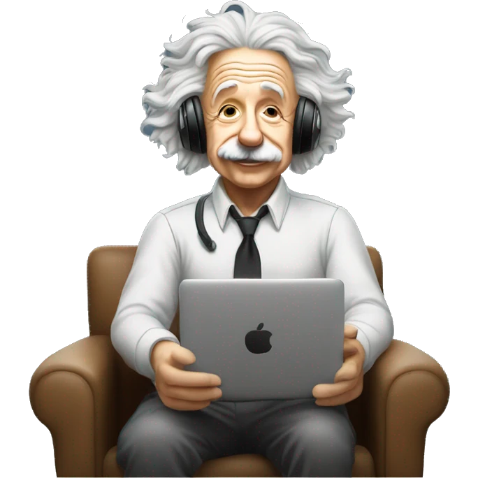 albert einstein happy listening music with wireless headphones while sitting on the chair emoji