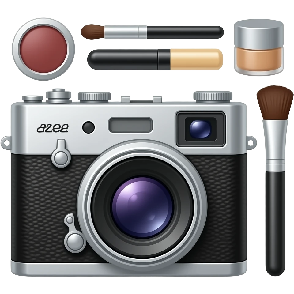 composition of make-up accessories with vintage camera emoji
