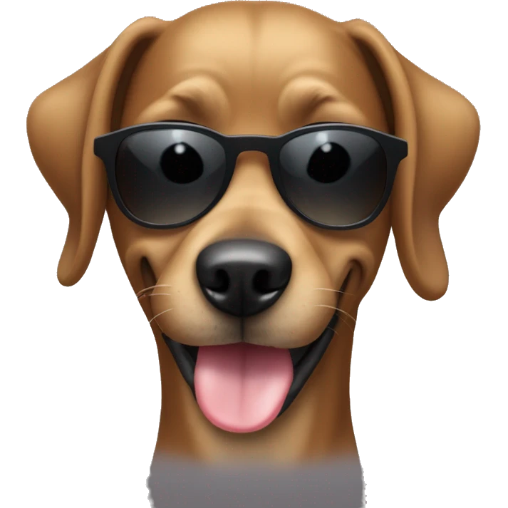 ALL HAIR IS BLACK Female black large dog with very short hair and big ears with sunglasses . She is smiling with the tongue outside the mouth  emoji