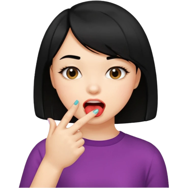 Chicas con pelo negro y corte bob haciendo que se muerde uno de sus dedos de manera picara, puedes hacer que se muerda el dedo sin sacar la lengua. Solo una mano emoji
