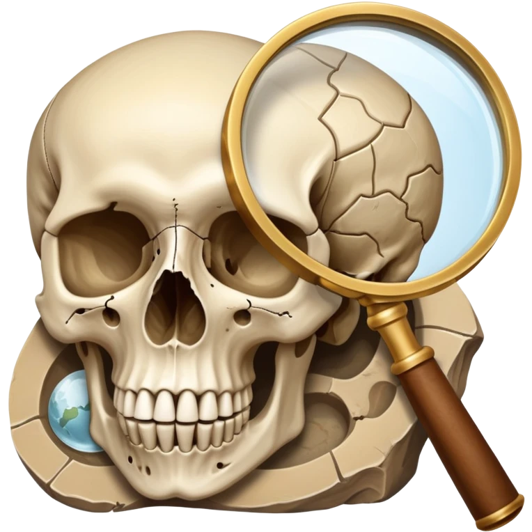 An icon featuring a human skull and fossils, representing anthropology. The design includes a magnifying glass and a map of ancient human migration paths, symbolizing the study of human evolution and cultures. Transparent background highlights the scientific exploration of humanity’s past. emoji