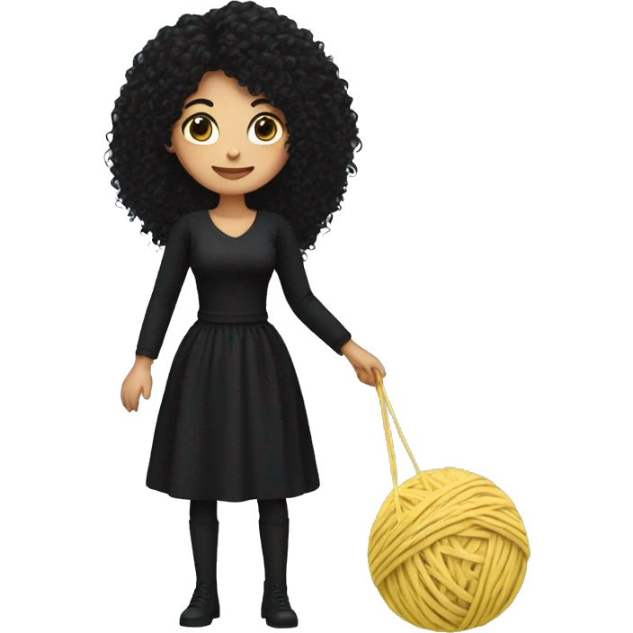 woman with long black curly hair holding one ball of yarn wearing black clothes emoji