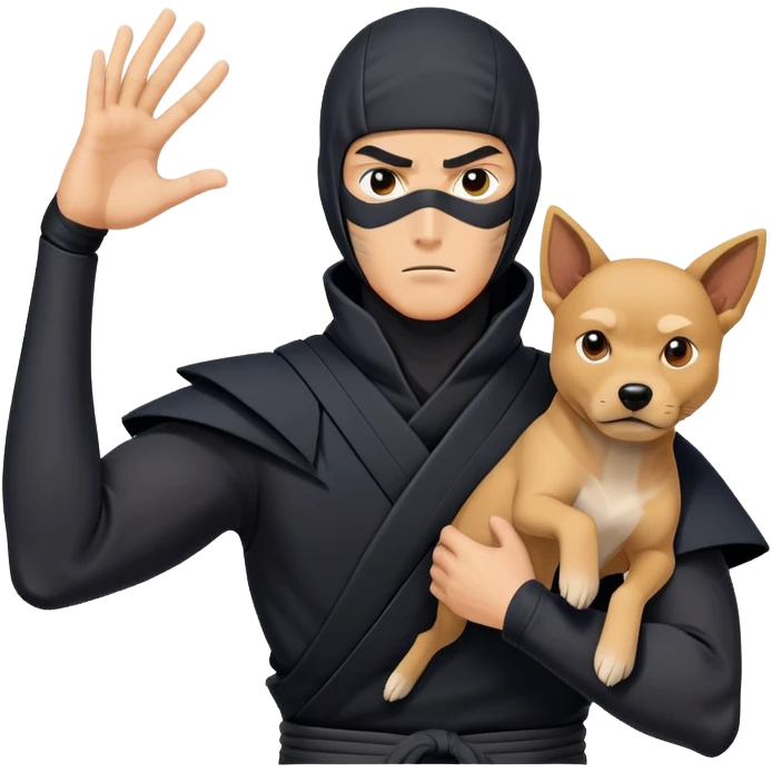 clash-of-clans-aesthetic_-cinematic-mysterious-male-ninja-portrait-emoji, rendered in a flat, vector-style with minimal shading and bold, simplified shapes, his arm is stretched out  with a head slightly turned revealing intense, focused eyes. the ninja is accompanied by a Ninken dog emoji
