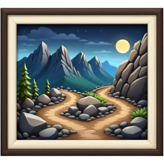 mountain 2 crossroads trails with rocks  two trails—one illuminated,, and one in darkness, representing reaction.  emoji