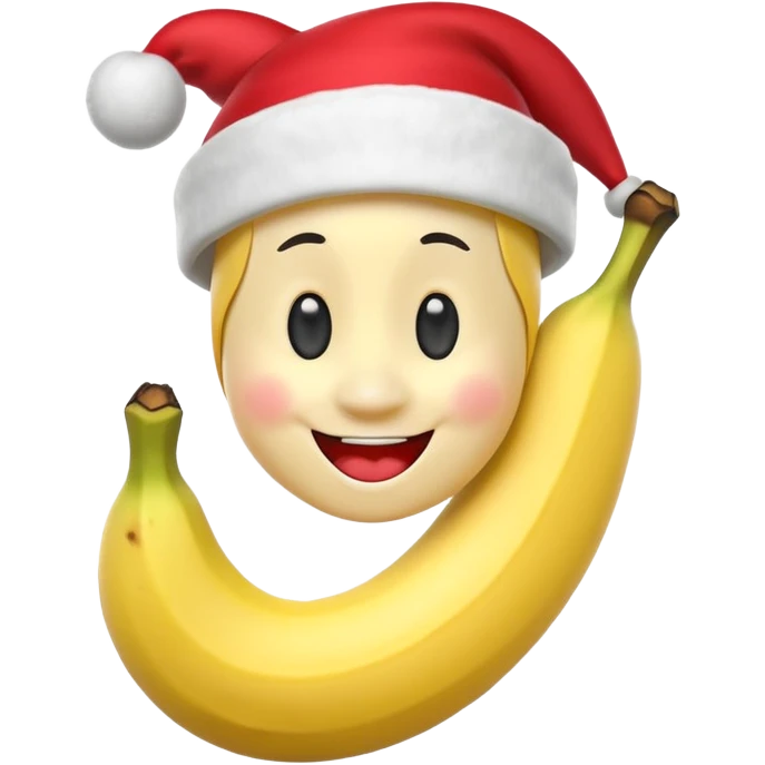 A 3D cartoon peeled banana with a red nose and tiny hat, smiling face, playful pose, Memoji-style. emoji