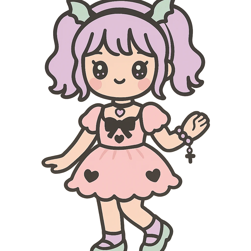 K-pop girl in pastel goth fashion, frilly dress, soft color palette, gothic motifs, whimsical stance, cute jewelry emoji