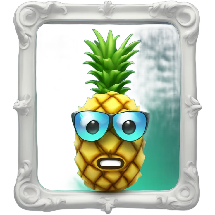 3D  pineapple🍍  with big shiny eyes 👀 pineapple holds mirror with its reflection 🪞🍍 emoji