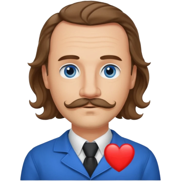 French writer Corneille, brown mi-long wavy hair, baldness on the forehead, moustache, goatee, dressed with a collar,blue eyes, one hand one the heart  emoji