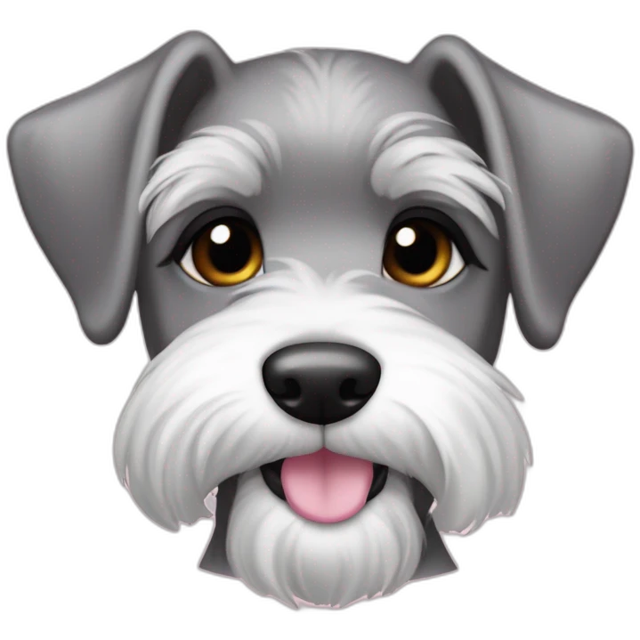 female puppy color "pepper and salt" breed medium Schnauzer with hanging ears hanging ears and a pale pink string around its neck emoji