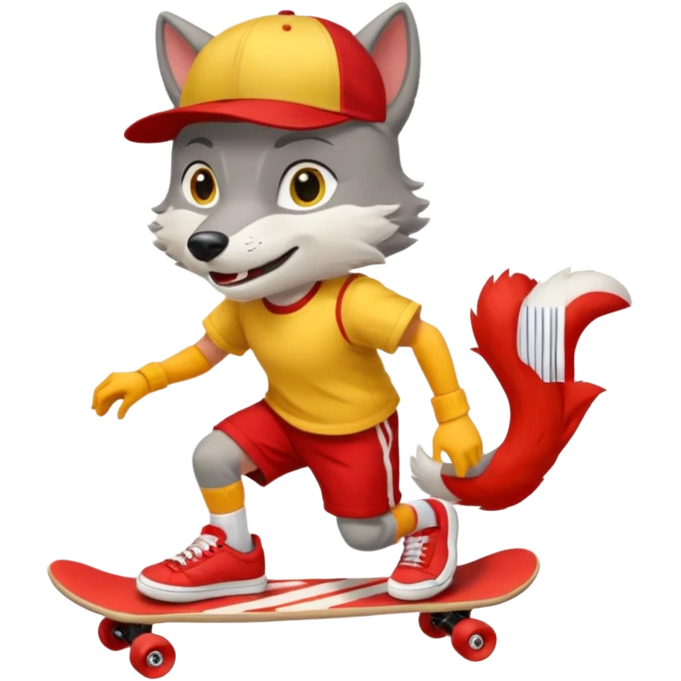 A gray wolf with large, expressive eyes and a friendly smile. The gray wolf is wearing a bright yellow T-shirt, red shorts, white knee socks, and sneakers. The baseball cap is on backwards. The wolf is preparing to perform a skateboarding trick. emoji
