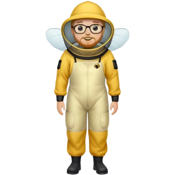full body medium plus size male bee keeper in yellow and black with short light strawberry blonde hair and goatee wearing glasses with bee keeper hat emoji