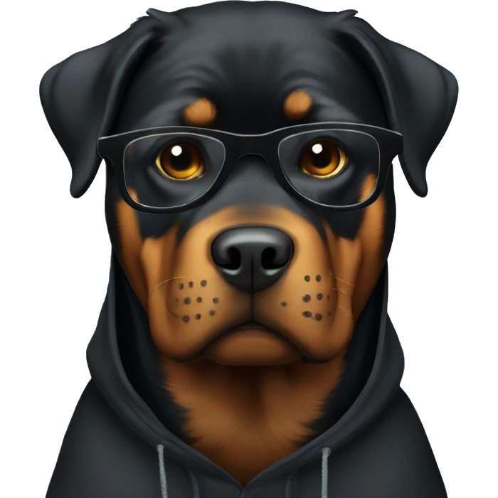 Rottweiler with a black hoodie and glasses emoji