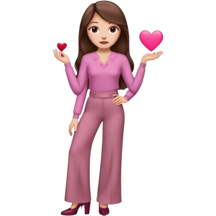  emoji, inspired with brunette hair, brown eyes, long hair, heart shape lips and pink make up  and pink nails, mauve pink blush and brown wide leg pants, burgundy shoulder drop shirt, brown heels , princess hair, brown heels  emoji
