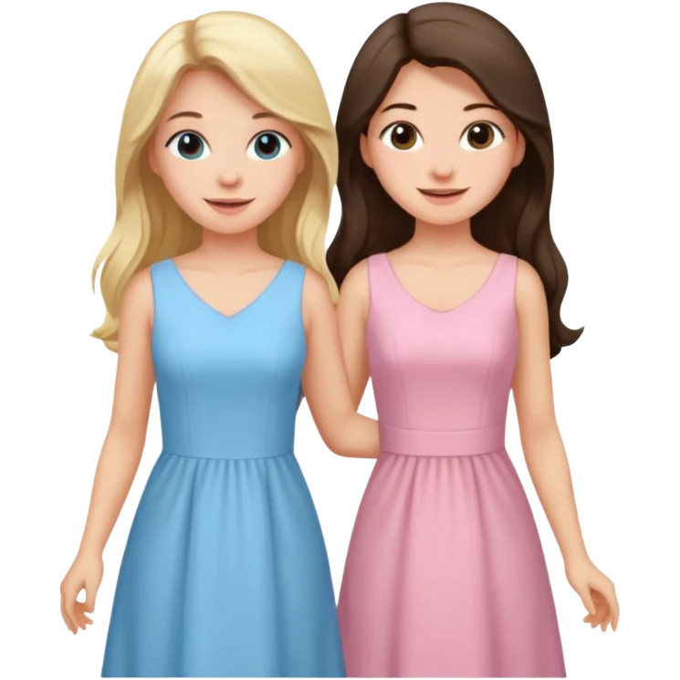 happy blonde girl in light blue dress and long haired brunette girl in light pink dress emoji