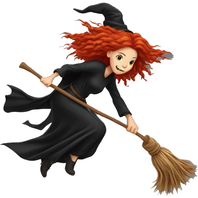 Red hair dreadlock witch flying on broom  emoji
