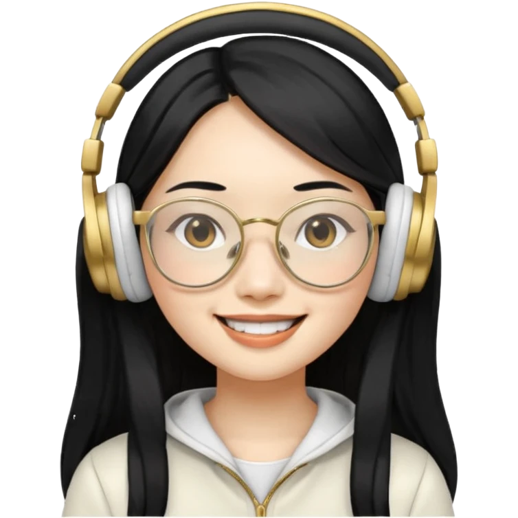 generate an asian female with long black hair, golden rim glasses, and a white headphones emoji