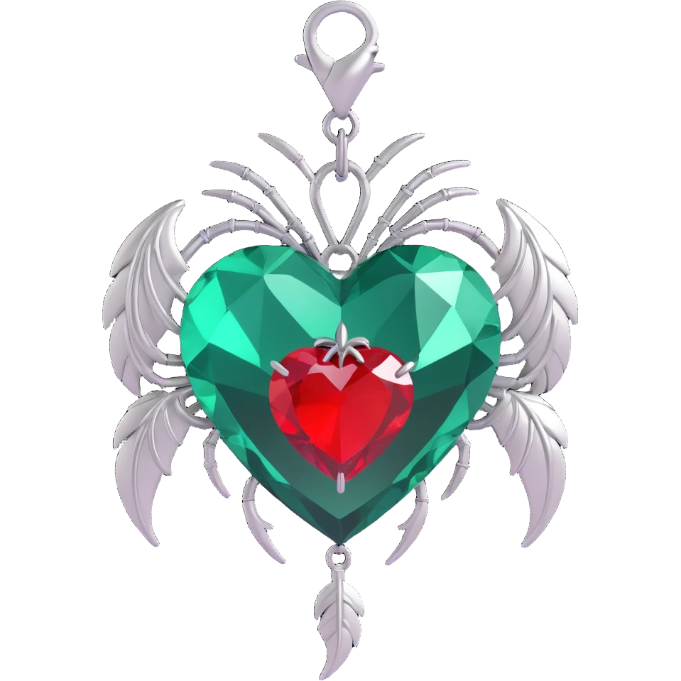 3D emoji gothic heart, emerald green crystal, silver spider charm, feather accents, lush and gothic emoji