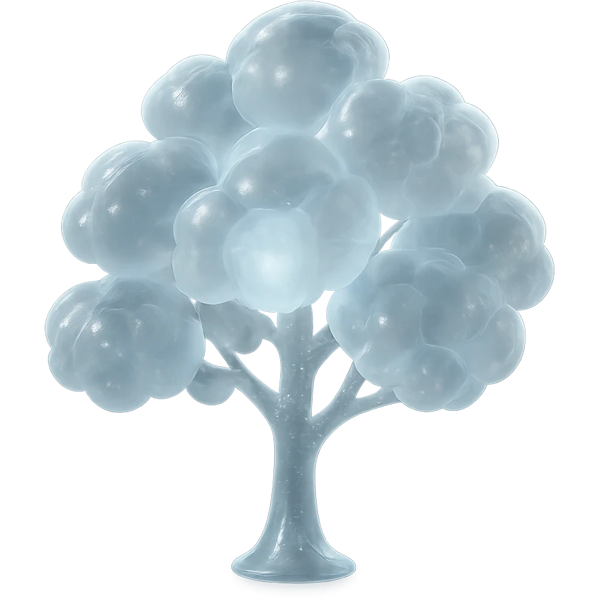 one tree with many branches and a trunk made of small very bright white fluffy convex clouds, matte glass style emoji