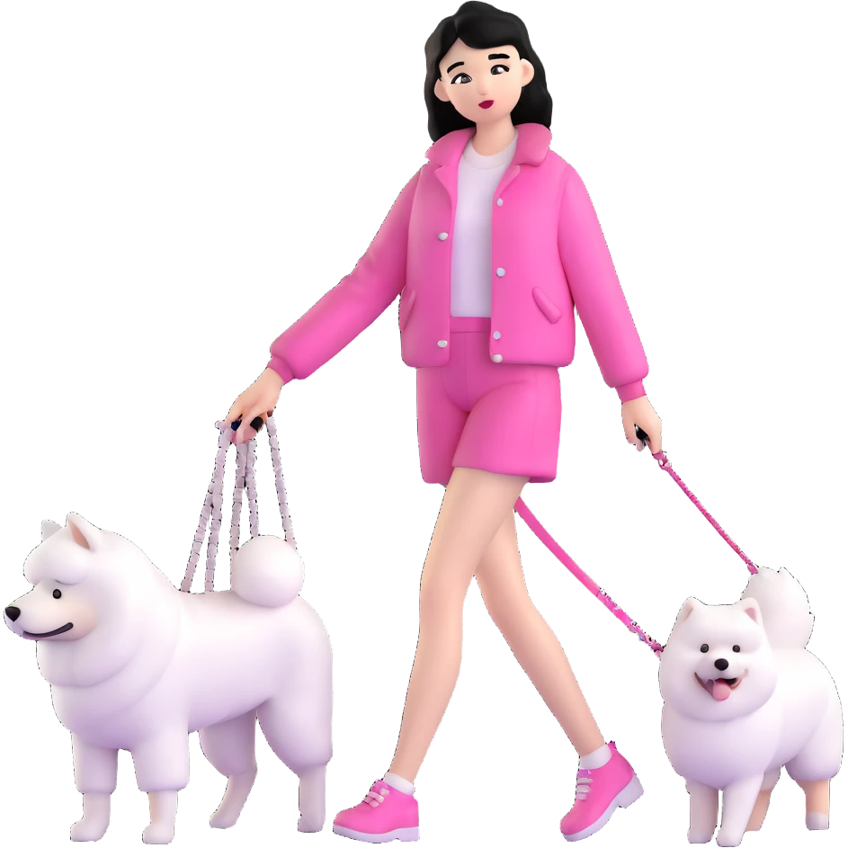 black-haired girl in pink Chanel style outfit with white Samoyed dog emoji