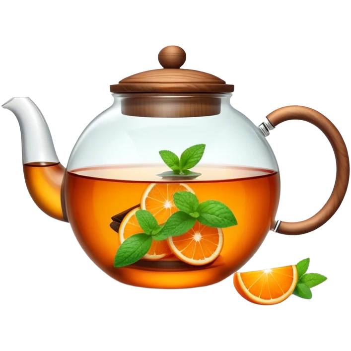 A cinematic realistic emoji depicting a transparent teapot with a realistic wooden lid filled with tea and pieces of orange and two mint leaves floating in it, rich in texture, without unnecessary decoration emoji