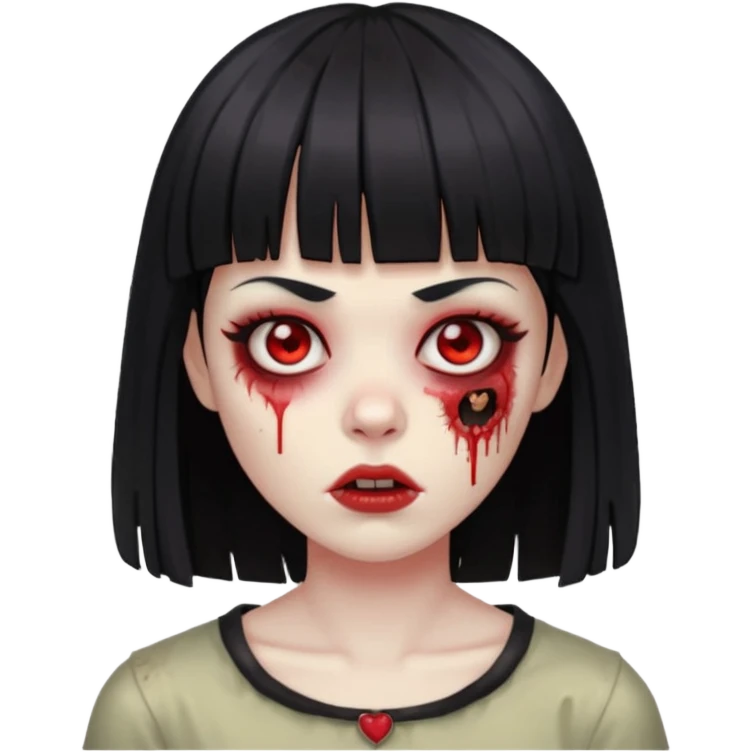 zumbie com cabelo preto e liso de franja vegana e olhos vermelho emoji