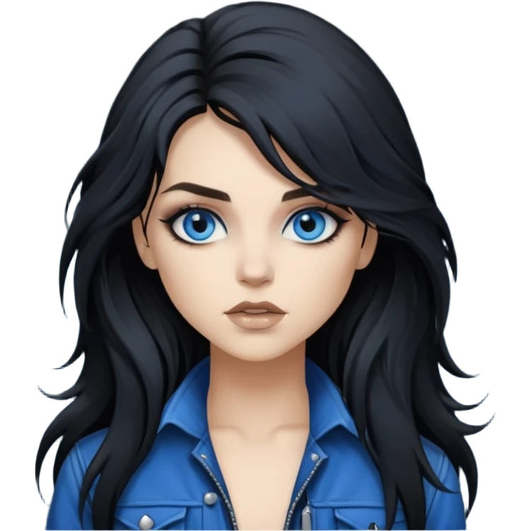 
 rockstar girl with long total black disheveled hair, blue eyes, Smokey eyes grunge makeup, rocking  emoji