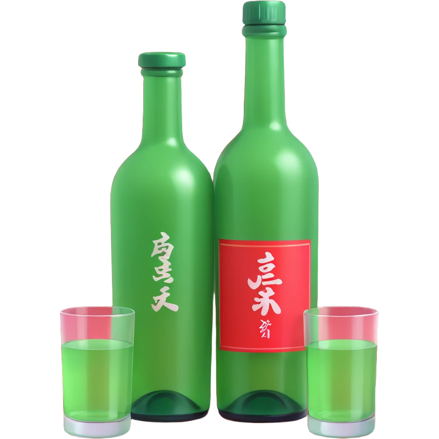 apple style 3D emoji of a green soju bottle and a small glass, shiny, soft shading emoji