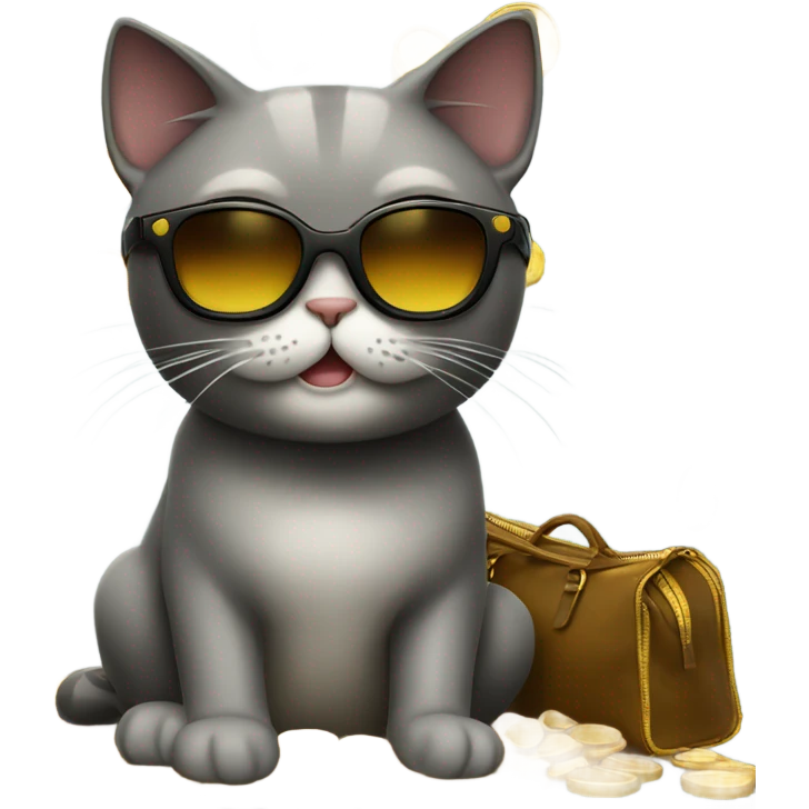cat in brutal dark glasses with a bag of gold coins emoji