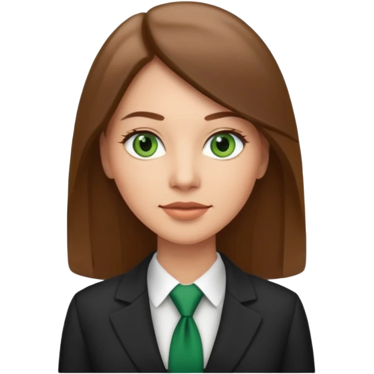 Adult woman avatar, light skin tone, oval face, straight long brown hair, green eyes, neutral mouth, business  emoji