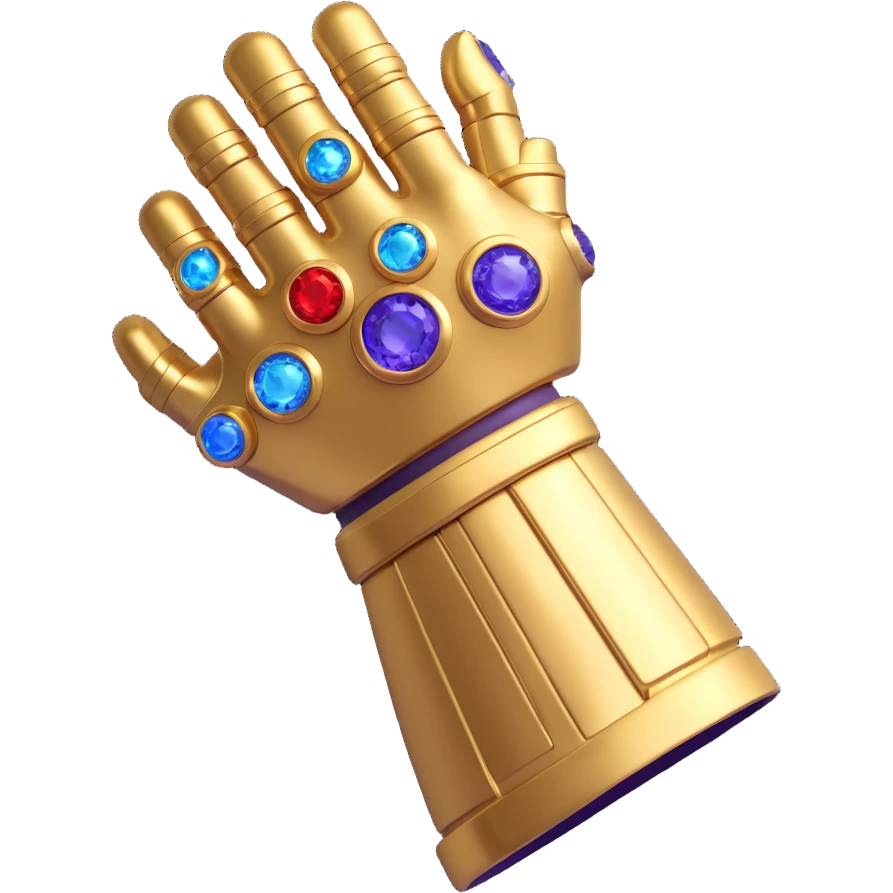 Thanos gauntlet in 3D emoji style, shiny metal, glowing gems effect, transparent background emoji