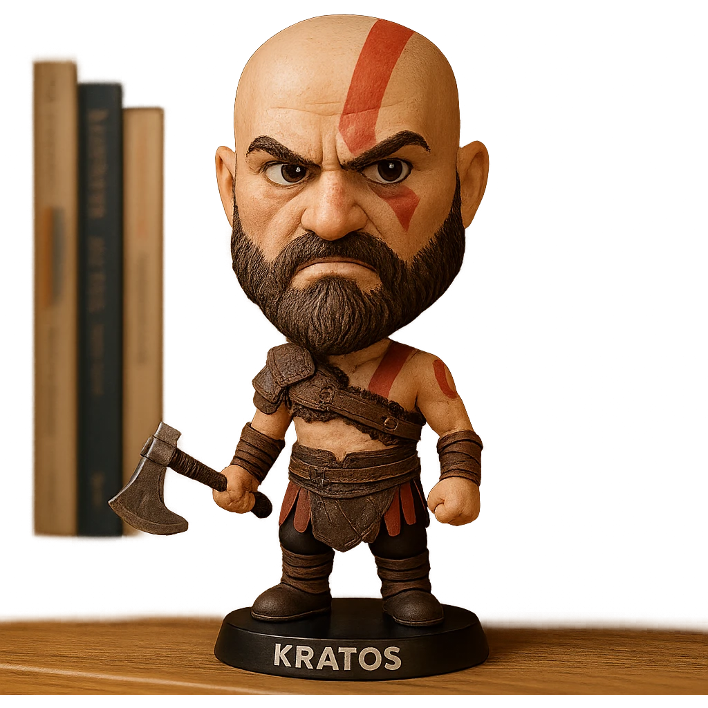 Kratos as a bobblehead with a wobbly head and angry expression emoji
