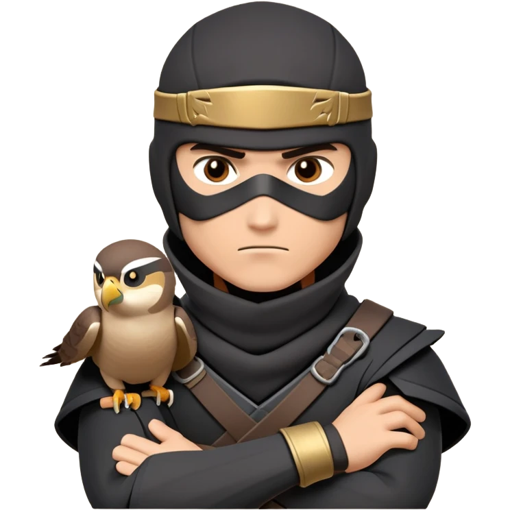 clash-of-clans-aesthetic_-cinematic-mysterious-male-ninja-portrait-emoji, rendered in a flat, vector-style with minimal shading and bold, simplified shapes, with a head slightly turned revealing intense, focused eyes. the ninja has his arm out and perched on top of his forarm is  a peregrin falcon  emoji