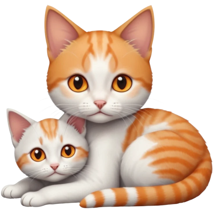 full body of very small + skinny ginger and white kitten with deep orange eyes and triangular shaped face lying down cuddling a grey and white kitten who is a bit bigger than him emoji