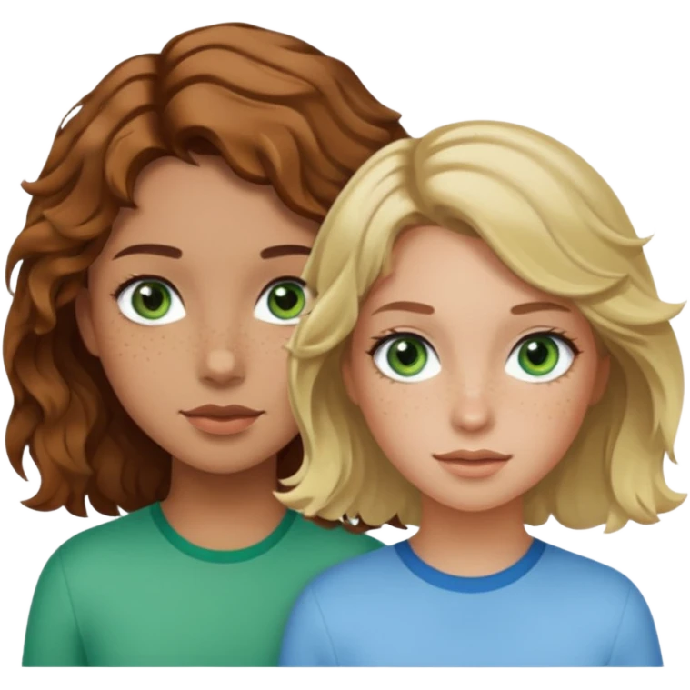À girl with wavy brown hair, light tan skin and green eyes and freckles next to a girl with short blonde wavy hair, tan skin and light blue eyes emoji