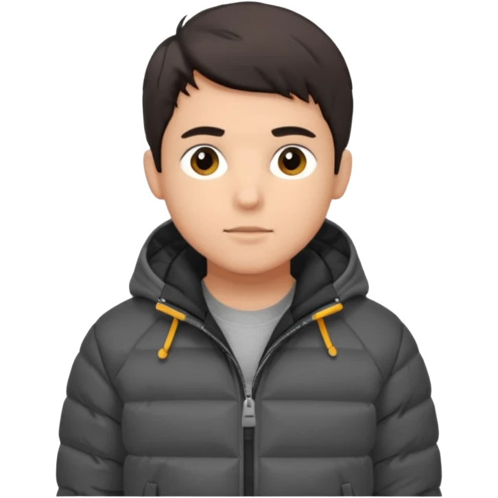 Style anchor + Young adult male American, medium skin, short dark hair, black puffer jacket over hoodie, neutral focused. emoji
