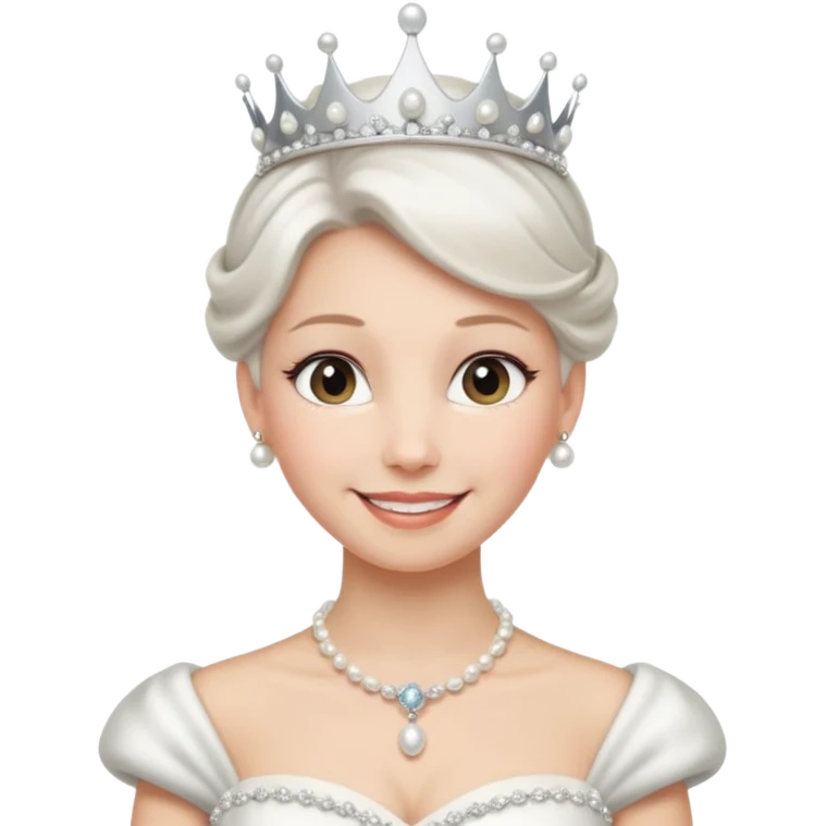 Queen with white bun hair – silver tiara, pearl necklace, elegant gown emoji