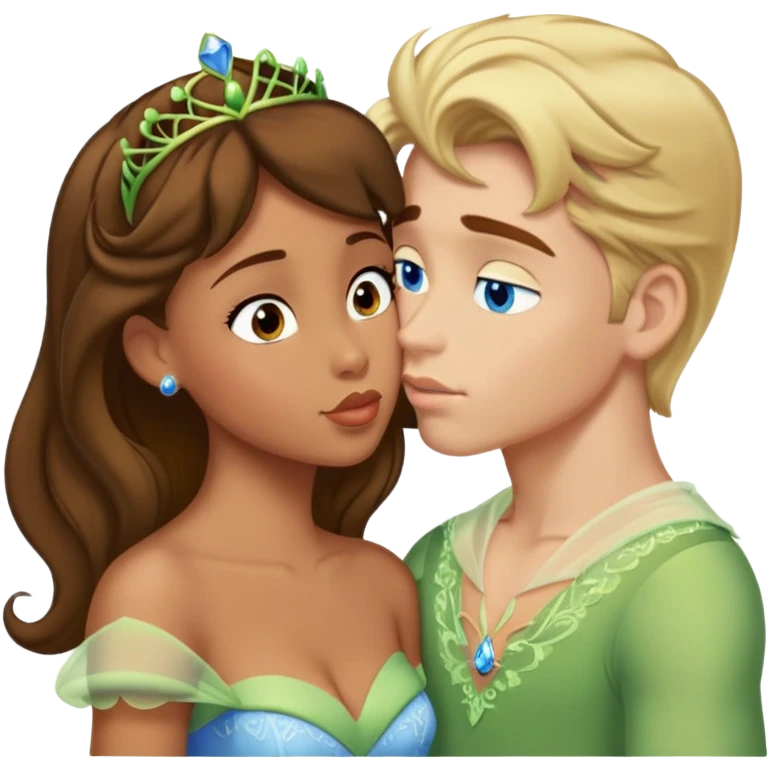 Princesa Tiana  morena pelo marrón dándose un beso con un chico rubio de ojos azules  emoji