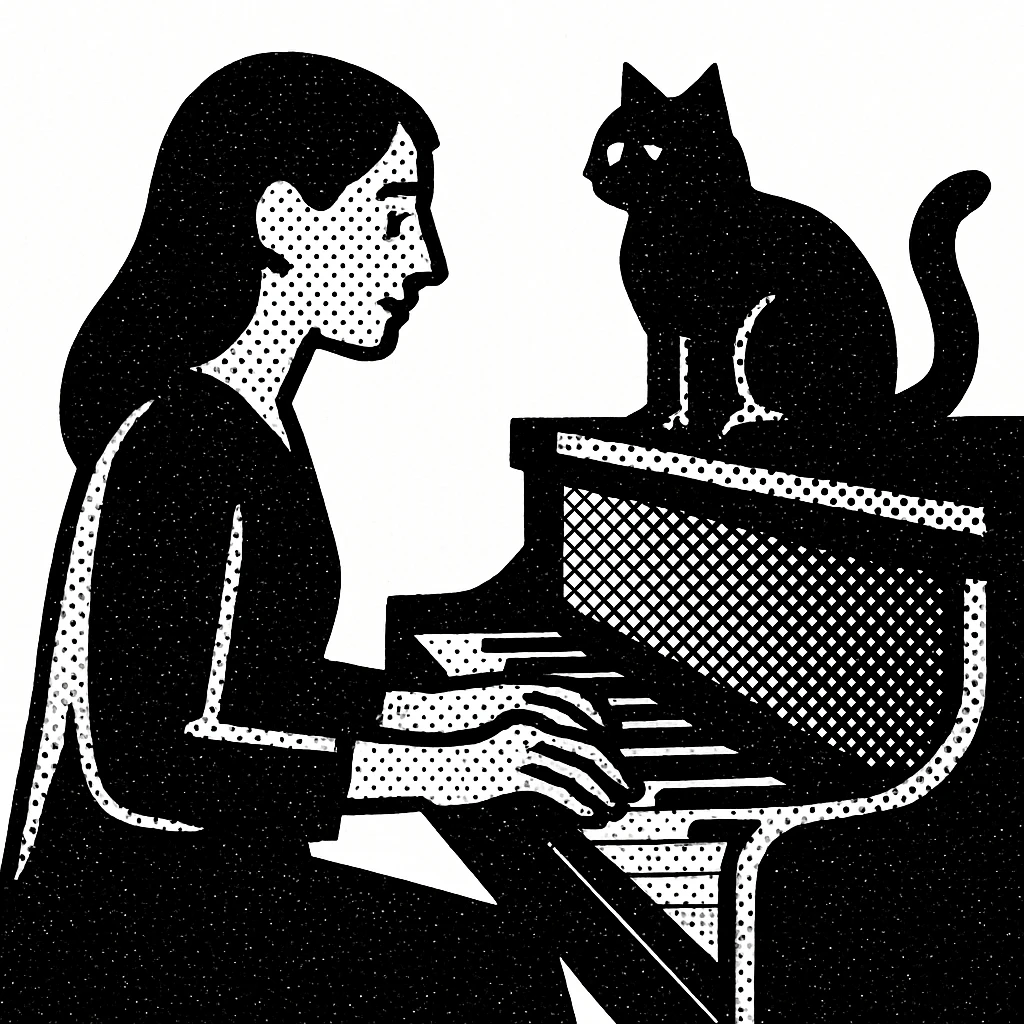 woman playing piano while her cat sits on top of the piano emoji