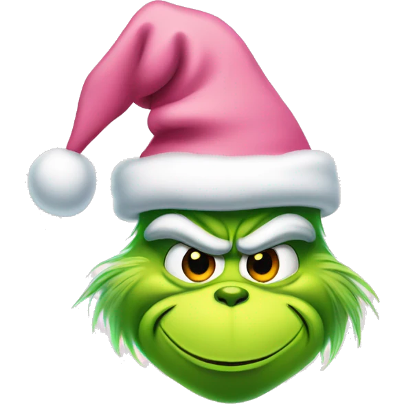grinch face with a smirk wearing a light pink santa hat emoji