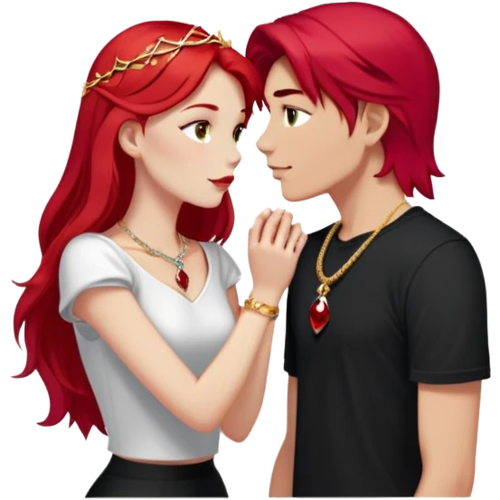 young couple kissing, girl with long cherry red hair and blonde eyebrows, gold A necklace, diamond ring, red bracelet, light clothes, boy with SHORT SNOW WHITE hair, silver ring with black stone, dark t-shirt emoji
