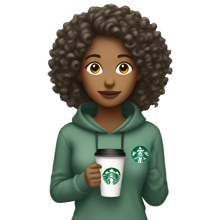 A woman wearing a sweatshirt with curly hair holding a Starbucks cup emoji